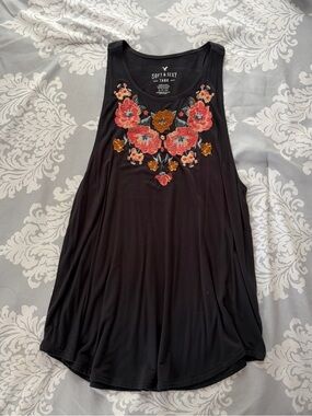 American Eagle Navy Tank with Floral Embroidery